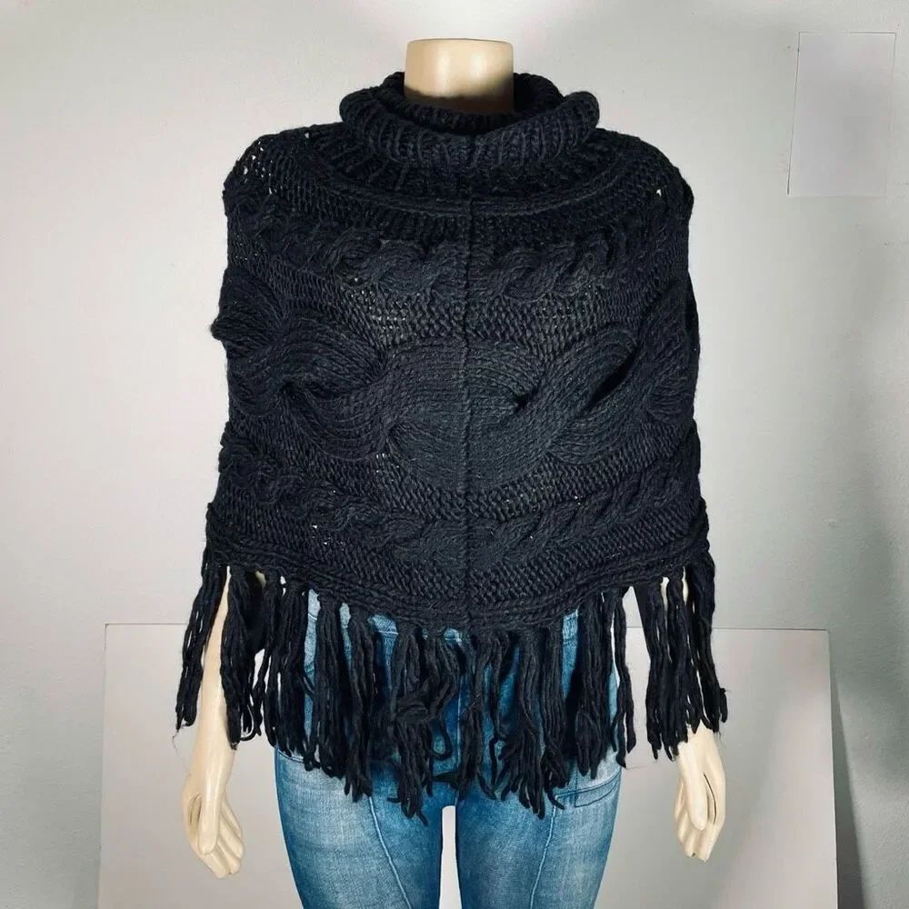 NWT Gorgeous Vintage Y2K Icing OS Black Fringe Tassel Cowl Neck Cape Poncho